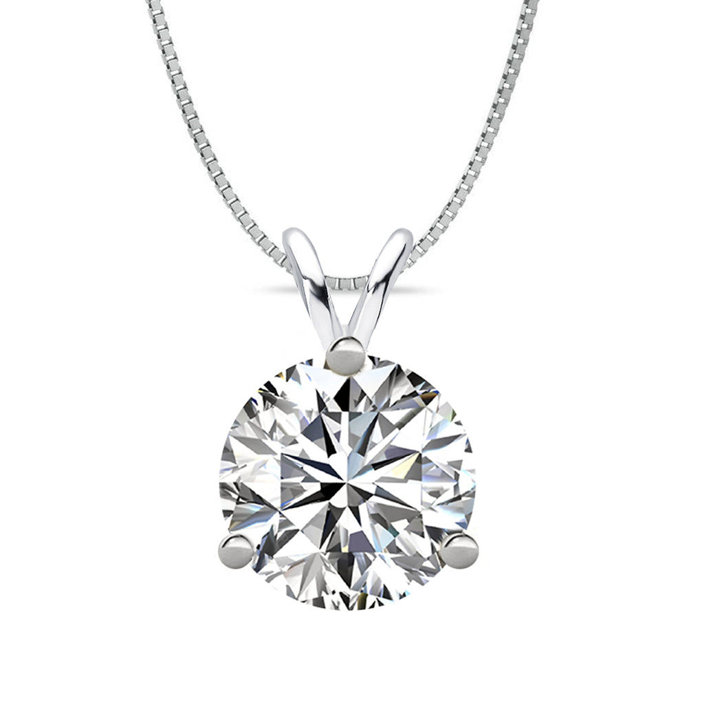 18 KARAT WHITE GOLD 3-PRONG ROUND PENDANT WITH BOX CHAIN. BUILD YOUR OWN PENDANT.